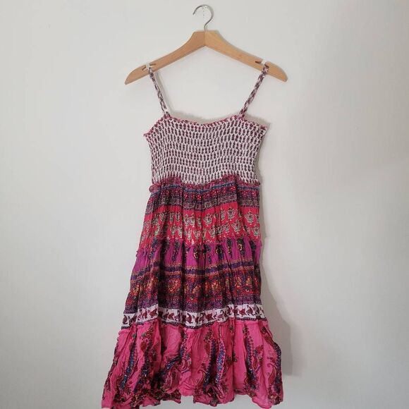 Cassee’s 100% Cotton Smocked Boho Mini Dress Pink India M Purple - Picture 1 of 8